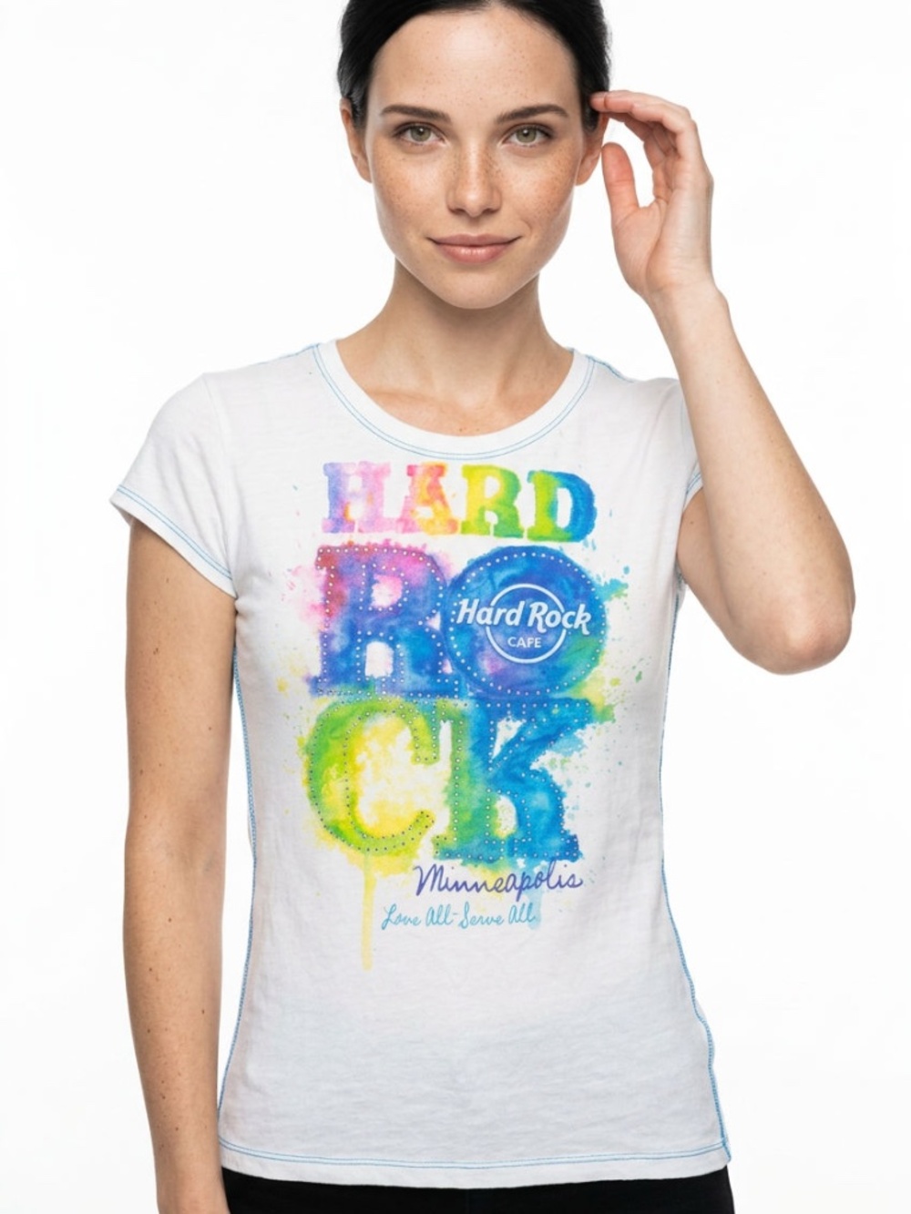 |•HARD ROCK CAFE•| White Multicolor Rhinestone Minneapolis MN T-Shirt Size Small - Picture 8 of 10